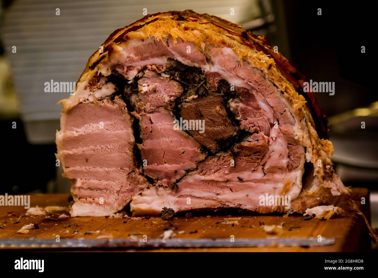 Roast pork porchetta display bologna italy pig meat traditional hires