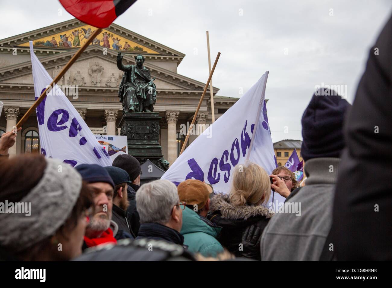 Munich, Germany. 06th Mar, 2020. Protest Banner against Markus Soeder being destroyed at the antifascist protest ' Just don't do it ' organized by Bellevue di Monaco on 6. March 2020 at the Max-Josef-Platz in Munich. (Photo by Alexander Pohl/Sipa USA) Credit: Sipa USA/Alamy Live News Stock Photo