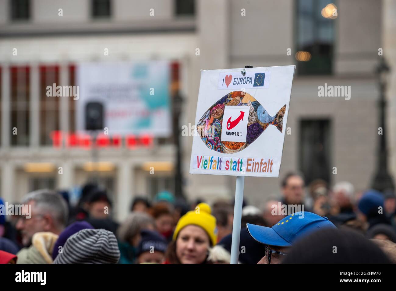 Munich, Germany. 06th Mar, 2020. Sign in from of a fish ( Sardine ) reading ' I love Europe/Diversity instead of uniformity ' at the antifascist protest ' Just don't do it ' organized by Bellevue di Monaco on 6. March 2020 at the Max-Josef-Platz in Munich. (Photo by Alexander Pohl/Sipa USA) Credit: Sipa USA/Alamy Live News Stock Photo