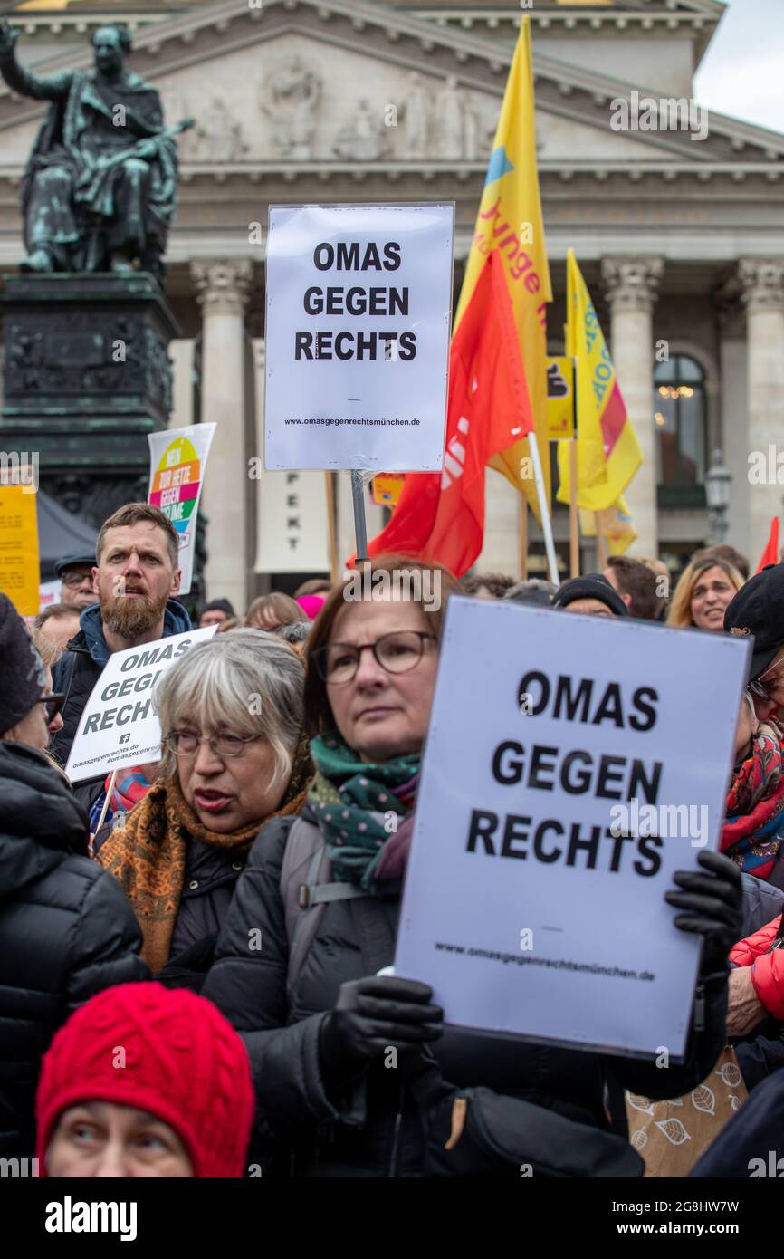 Munich, Germany. 06th Mar, 2020. Omas gegen Rechts at the antifascist protest ' Just don't do it ' organized by Bellevue di Monaco on 6. March 2020 at the Max-Josef-Platz in Munich. (Photo by Alexander Pohl/Sipa USA) Credit: Sipa USA/Alamy Live News Stock Photo