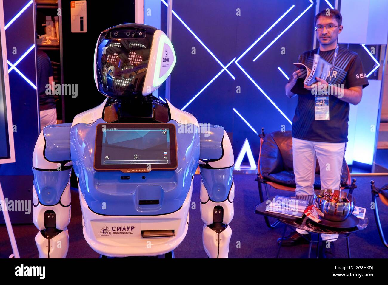 Zhukovsky, Russia. 20th July, 2021. A Russian-made interactive robot seen  during the work of the XV International Aviation and Space Salon MAKS-2021  that was opened by the President of the Russian Federation,