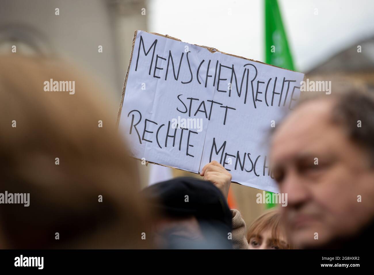 Munich, Germany. 06th Mar, 2020. Sign reading ' Human rights instead of right people/humas ' at the antifascist protest ' Just don't do it ' organized by Bellevue di Monaco on 6. March 2020 at the Max-Josef-Platz in Munich. (Photo by Alexander Pohl/Sipa USA) Credit: Sipa USA/Alamy Live News Stock Photo