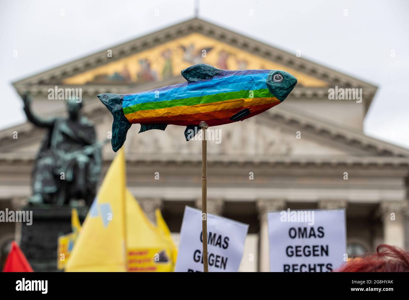 Munich, Germany. 06th Mar, 2020. A rainbow colored Sardina ( European pilchard ) at the antifascist protest ' Just don't do it ' organized by Bellevue di Monaco on 6. March 2020 at the Max-Josef-Platz in Munich. (Photo by Alexander Pohl/Sipa USA) Credit: Sipa USA/Alamy Live News Stock Photo