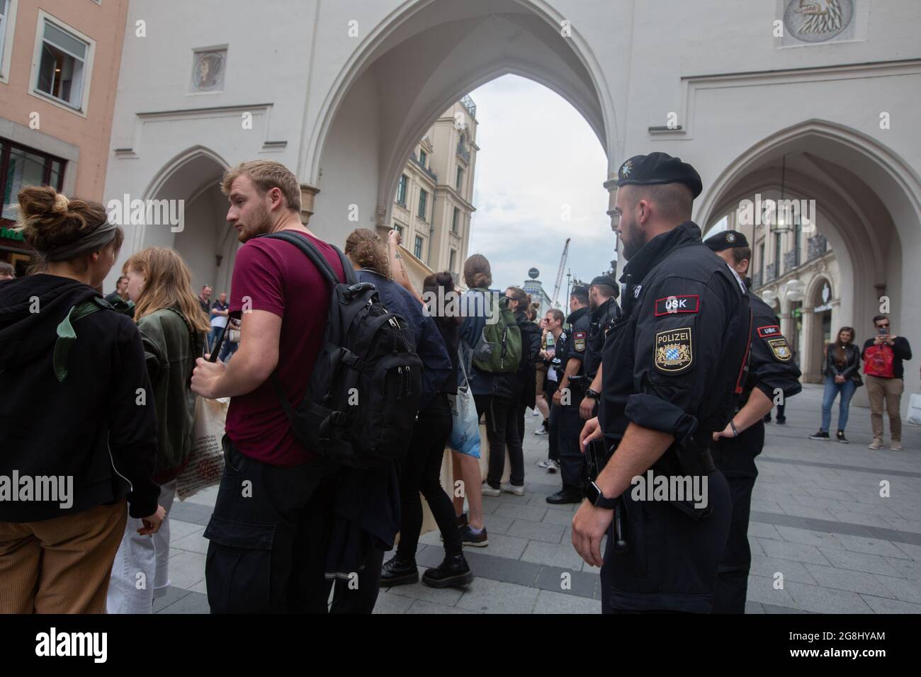 Munich, Germany. 25th May, 2019. Police of the USK standing behind the counter protest. The neonazi party NPD had a stand in Munich for the upcoming European Elections. (Photo by Alexander Pohl/Sipa USA) Credit: Sipa USA/Alamy Live News Stock Photo