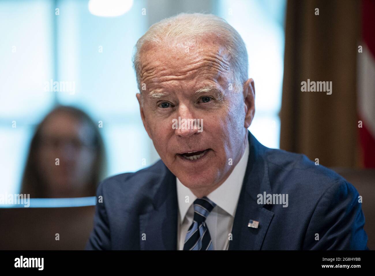 U.S. President Joe Biden speaks during a cabinet meeting at the White House in Washington, D.C., U.S., on Tuesday, July 20, 2021. Biden administration officials say they're starting to see signs of relief for the global semiconductor supply shortage, including commitments from manufacturers to make more automotive-grade chips for car companies. Photo by Al Drago/Pool/ABACAPRESS.COM Stock Photo