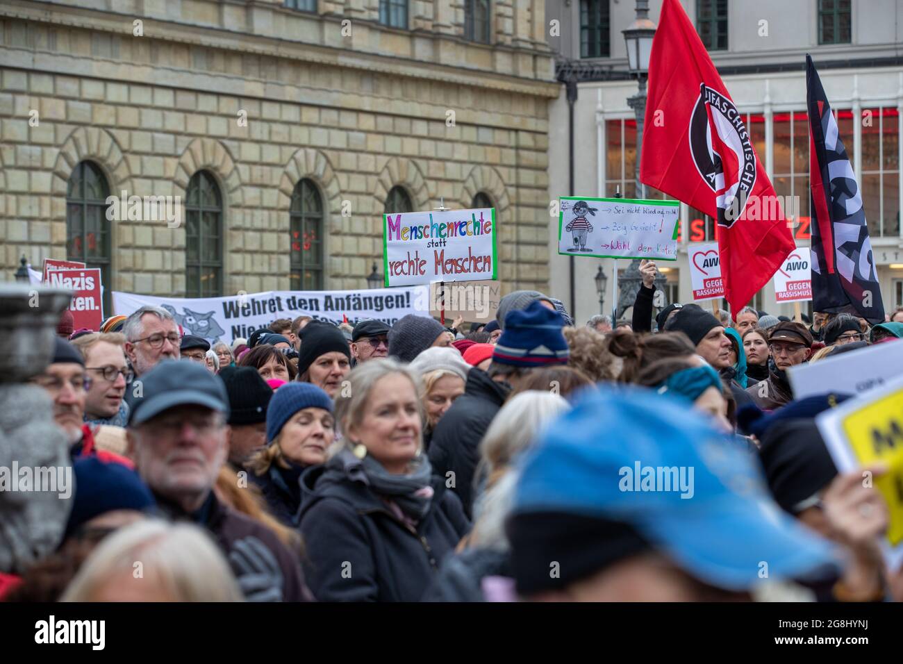 Munich, Germany. 06th Mar, 2020. Sign reading Human rights instead of right humans ' at the antifascist protest ' Just don't do it ' organized by Bellevue di Monaco on 6. March 2020 at the Max-Josef-Platz in Munich. (Photo by Alexander Pohl/Sipa USA) Credit: Sipa USA/Alamy Live News Stock Photo