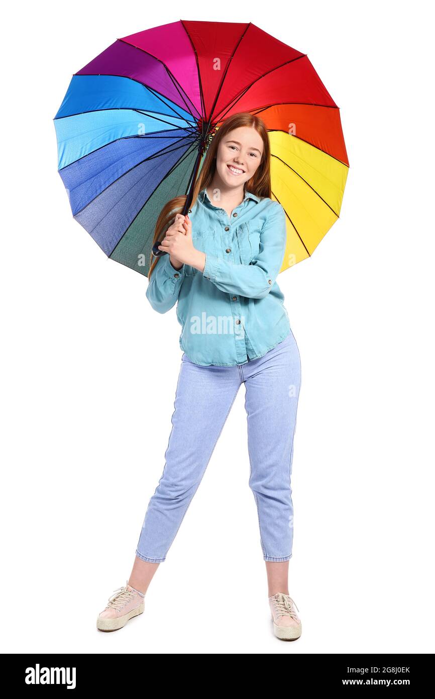 Young woman with umbrella on white background Stock Photo - Alamy