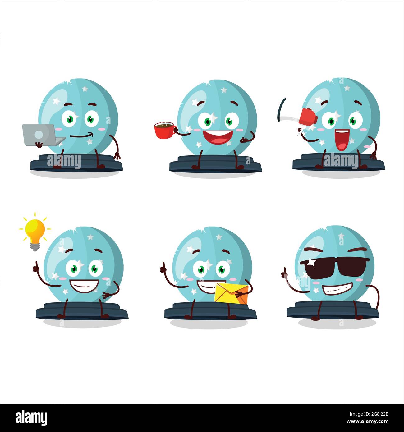 . Vector illustrationMagic crystal ball cartoon character with various