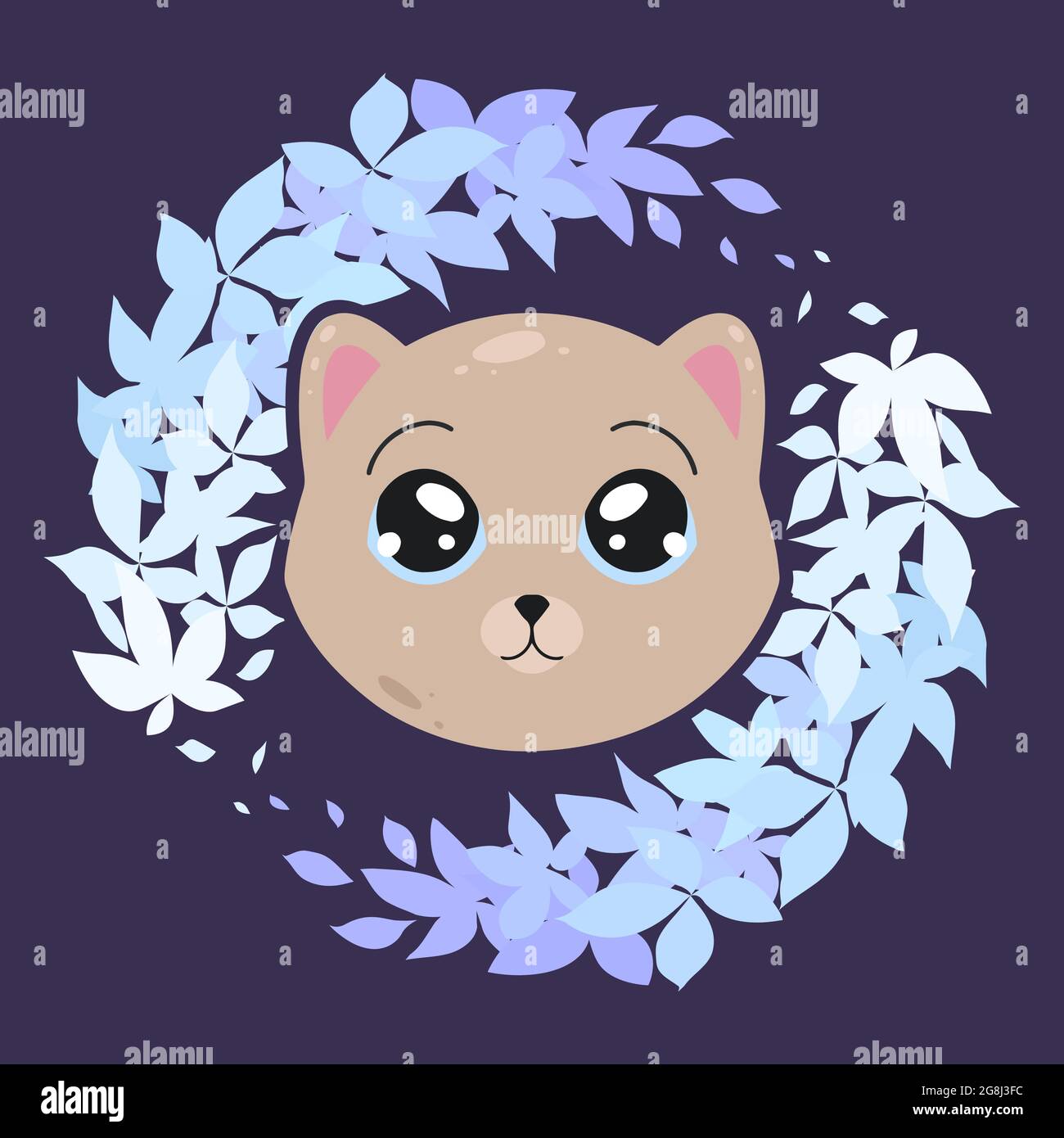 Childish illustration of a little lovely kitten in plant wreath on dark blue background. Cute baby animal. Vector cartoon flat drawing of cat for nurs Stock Vector