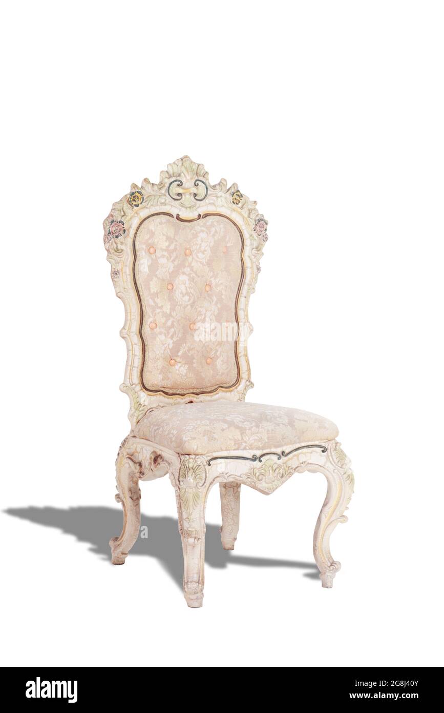 baroque chair white sofa isolated on white background.Antique royal chair, gold pattern, expensive Stock Photo