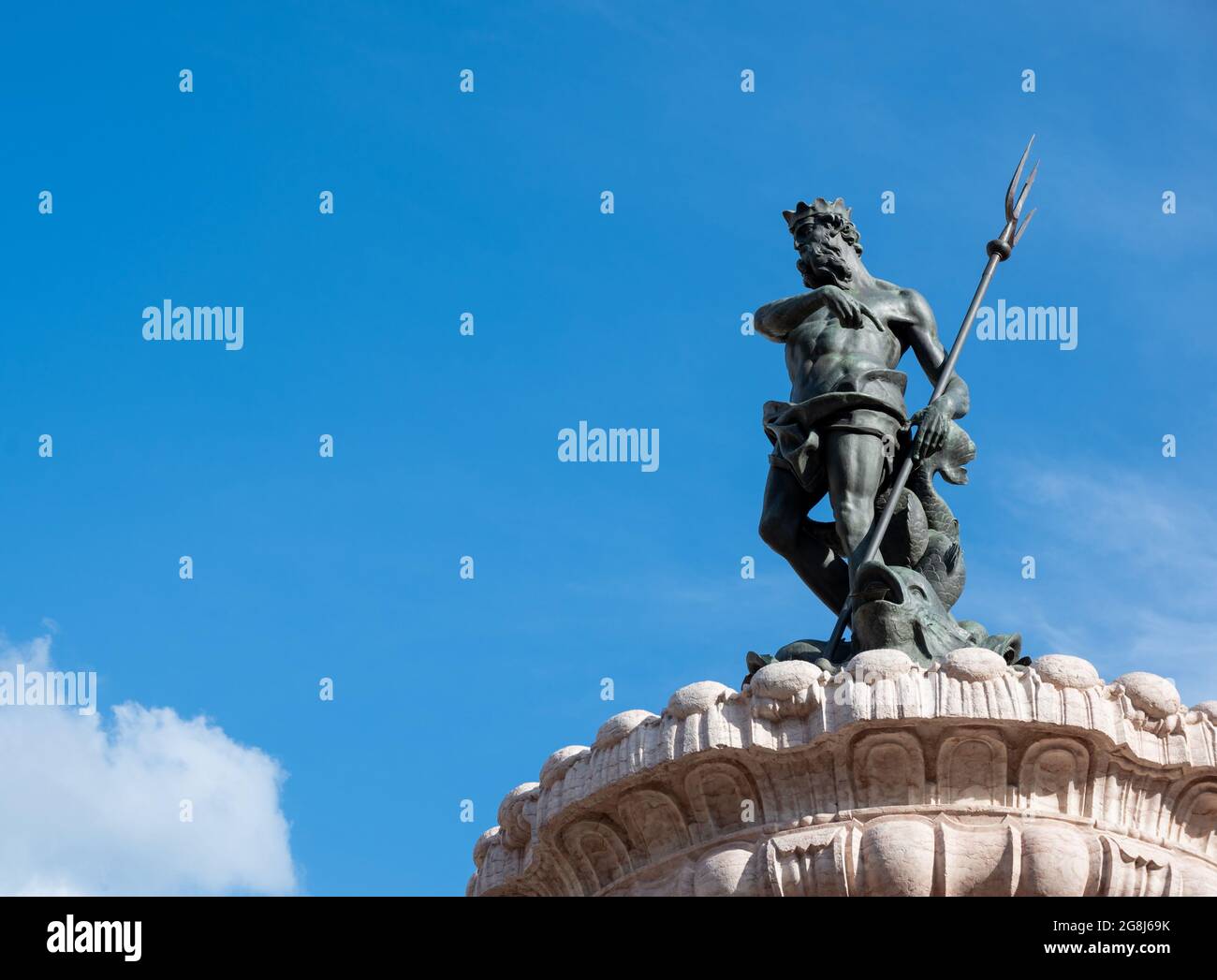 Trento, Italy, June 2021. Beautiful photo in the main square: detail of the fountain of Neptune Nice sunny day. Stock Photo