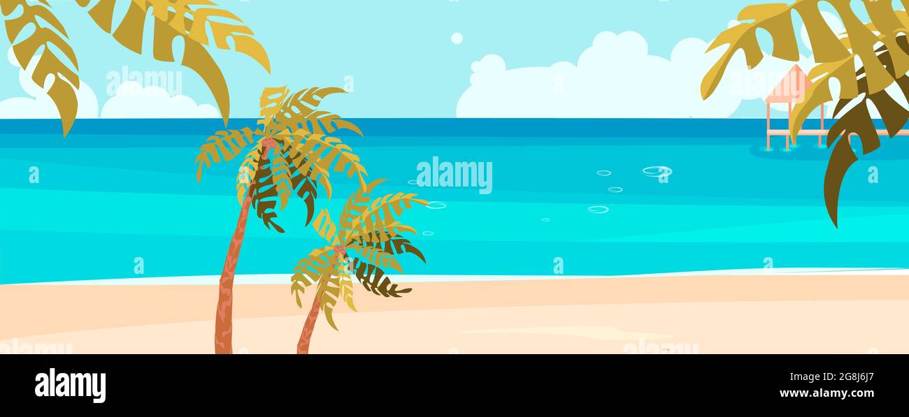Sea coast panoramic landscape with sand beach and palm trees. Flat ...