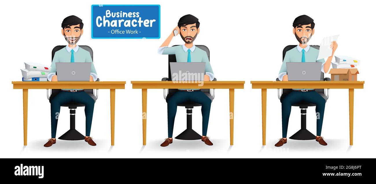 Business man sitting vector set. Businessman characters in office workplace with happy, angry and serious expressions for male boss cartoon collection. Stock Vector