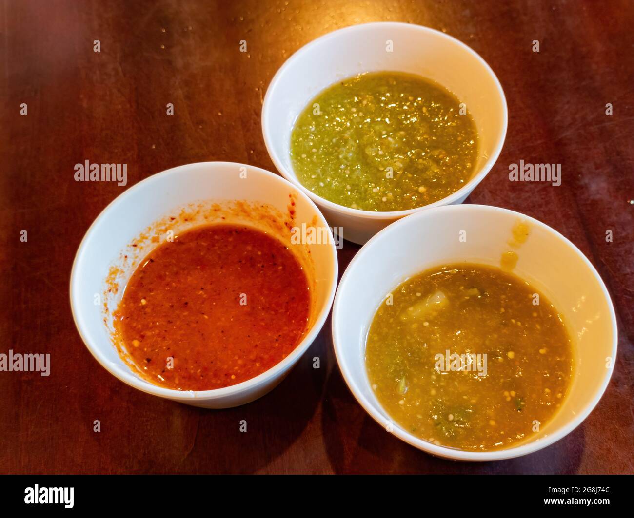 Close up shot of three kind of Mexican style spicy sauce at Las Vegas, Nevada Stock Photo