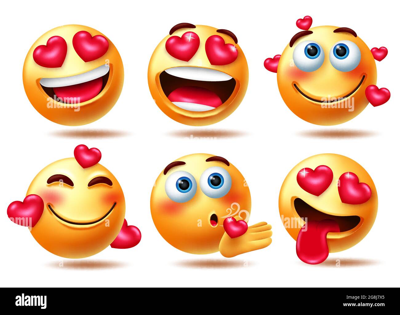 Smileys love emoticon vector character set. Smiley in love 3d emoji characters with hearts element in happy and flying kiss facial expressions. Stock Vector