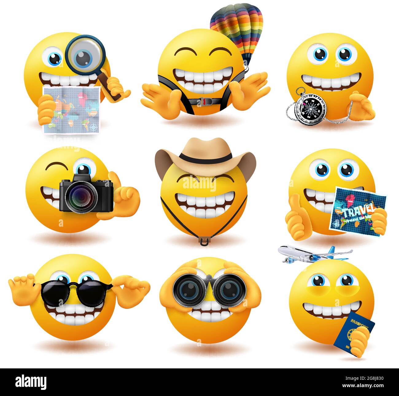Emoji travel smiley vector set. Emoticon travelling characters with map