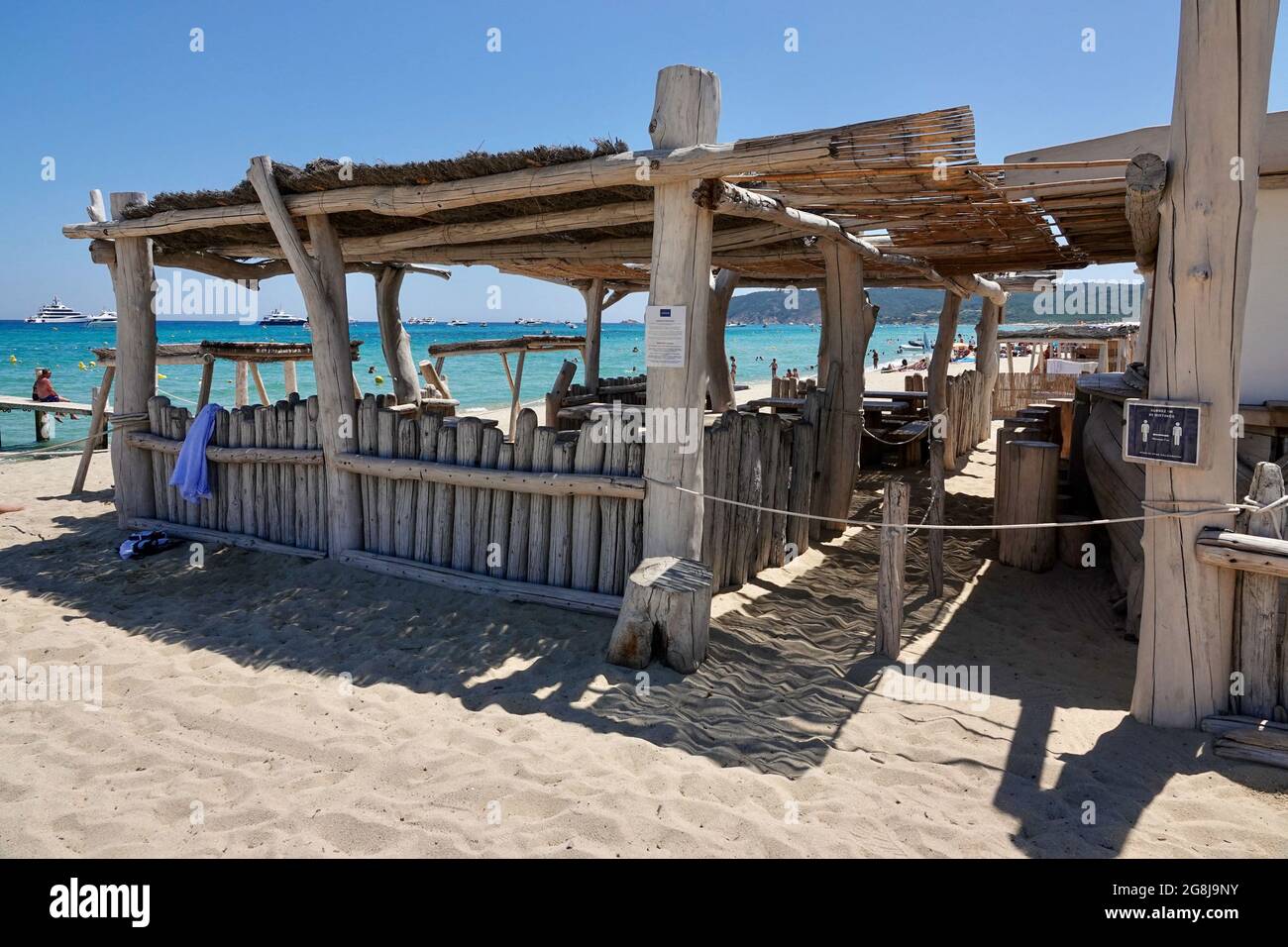 The Club 55, located on the mythical beach of Pampelonne, in Ramatuelle,  Var, France on July 20, 2021, has been closed since Monday 19th July.  Several positive cases of Covid-19 have been