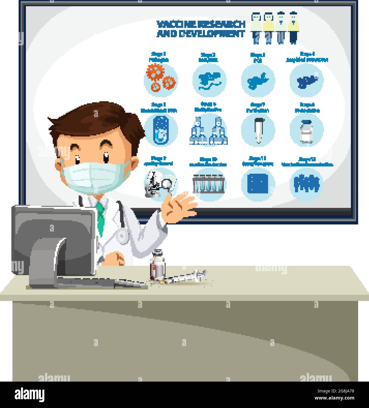 Doctor explaining Vaccine Research and Development illustration Stock ...