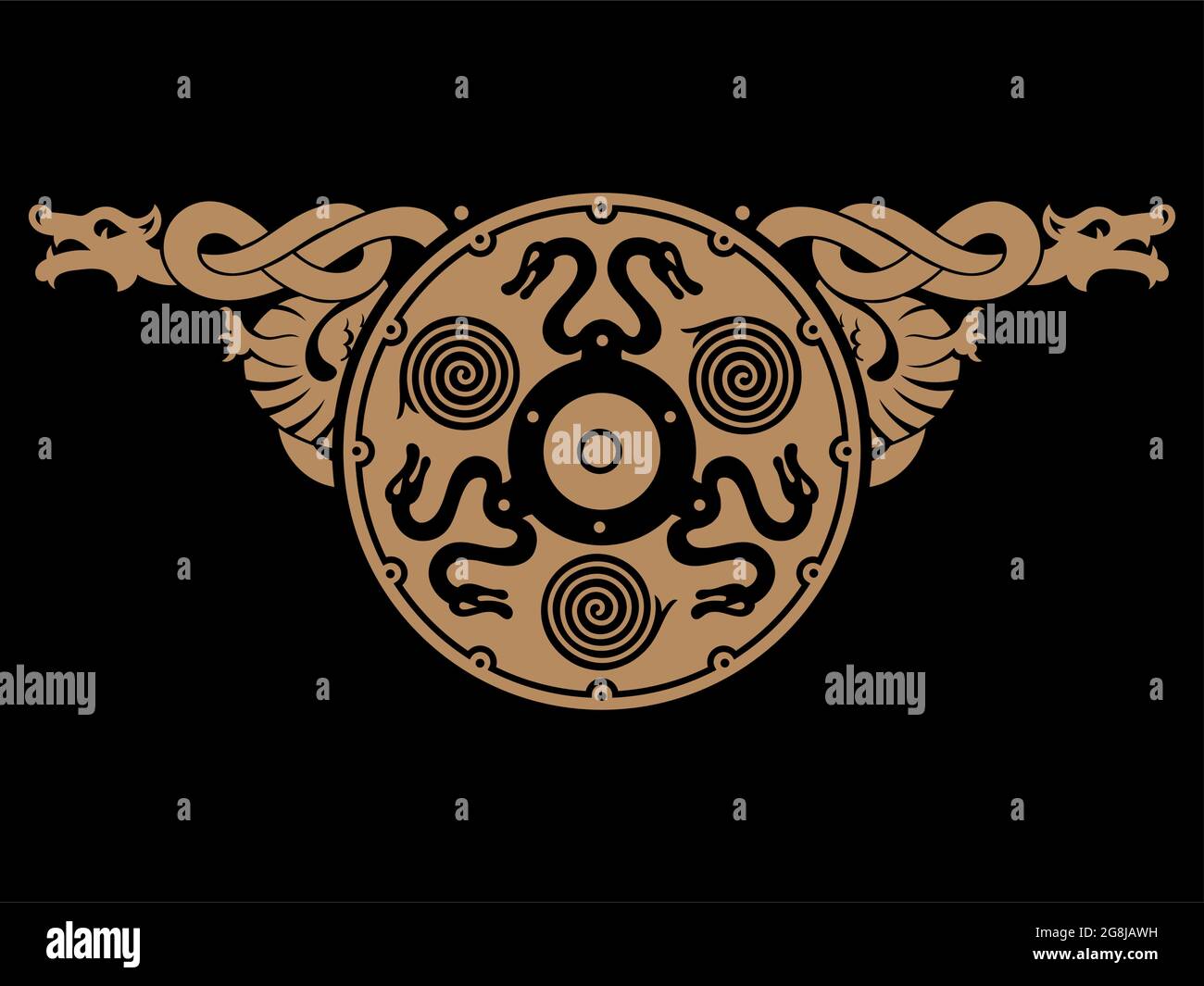 Scandinavian Celtic design. Viking shield decorated with dragons Stock Vector