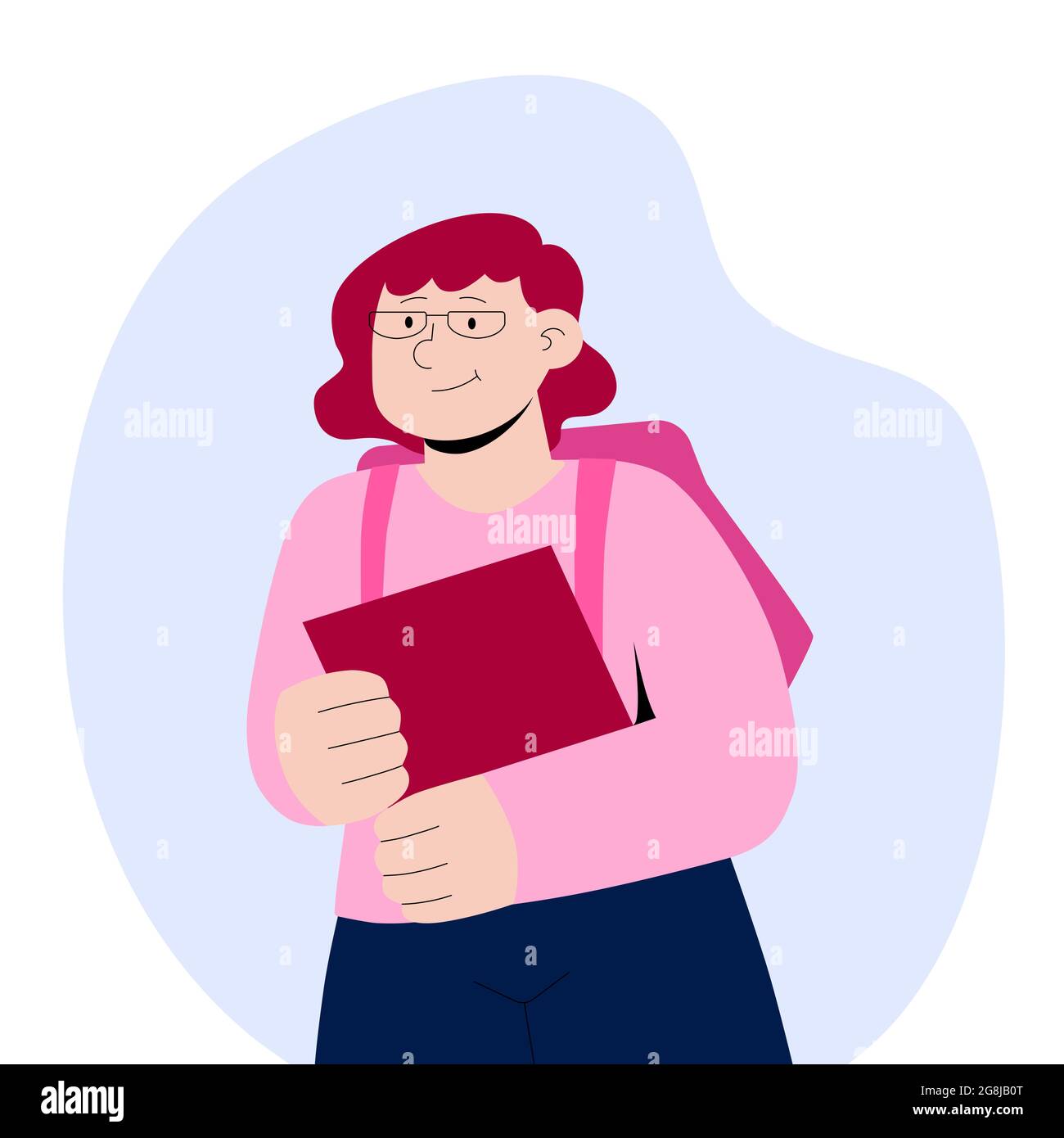 Female student with backpack holding notebook. Portrait of pupil with schoolbag and workbook. Flat vector cartoon illustration on blue background Stock Vector