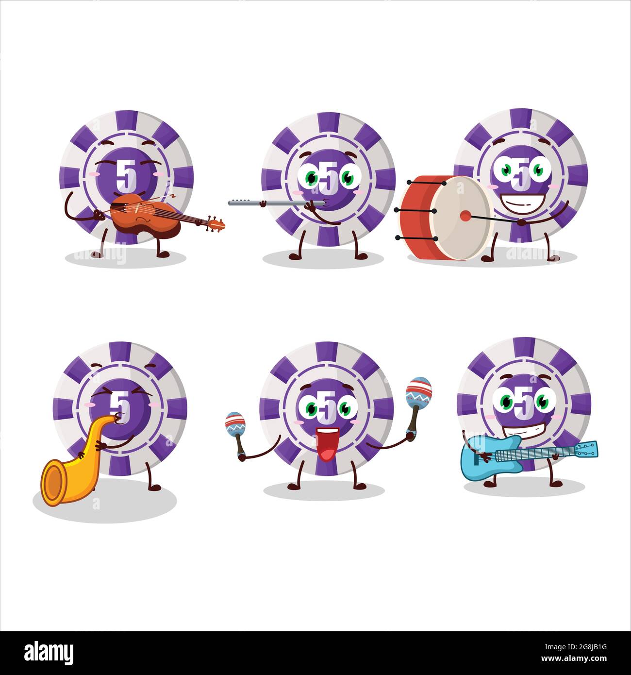 Cartoon character of 5 dollar casino chip playing some musical ...
