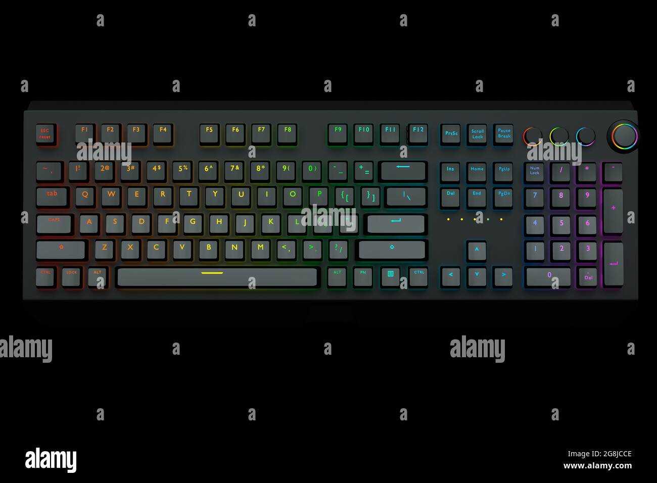 Computer keyboard with rgb colors isolated on black background. 3D ...