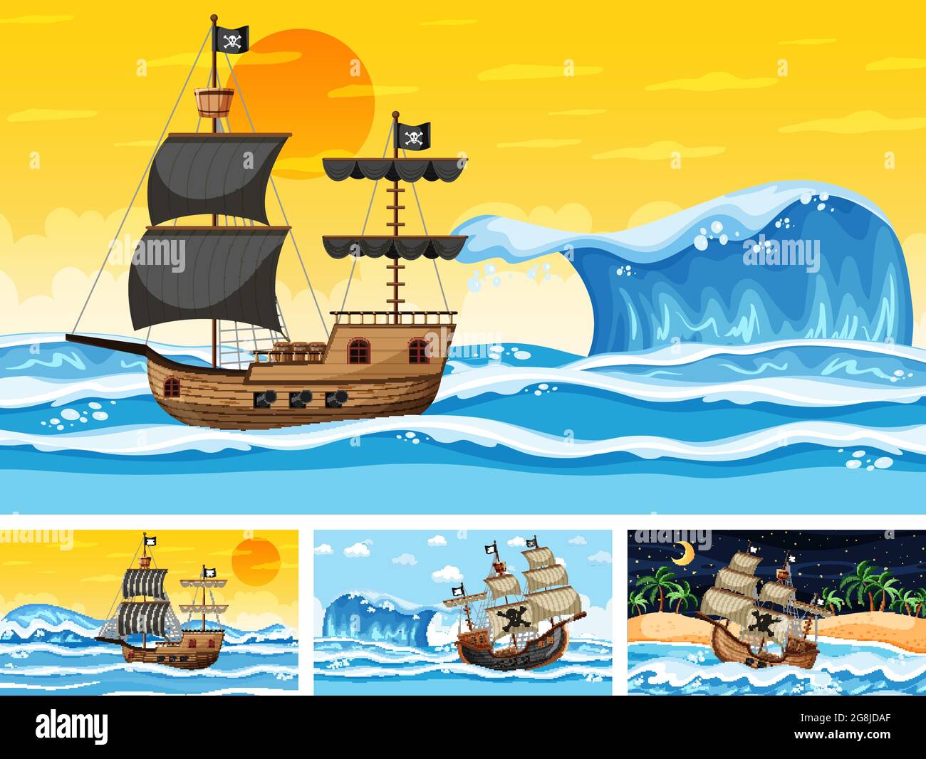 Set of different beach scenes with pirate ship illustration Stock ...