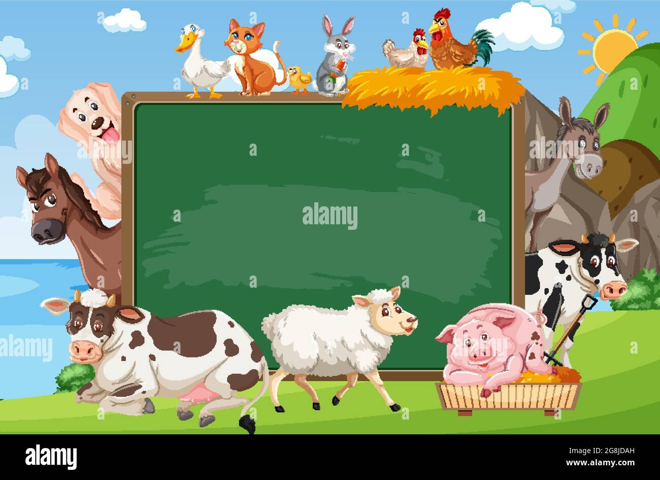 Empty blackboard with various farm animals in the forest illustration ...