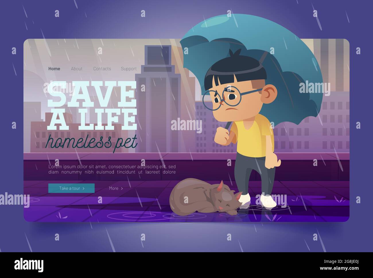Save homeless pet banner with poor cat and boy Stock Vector