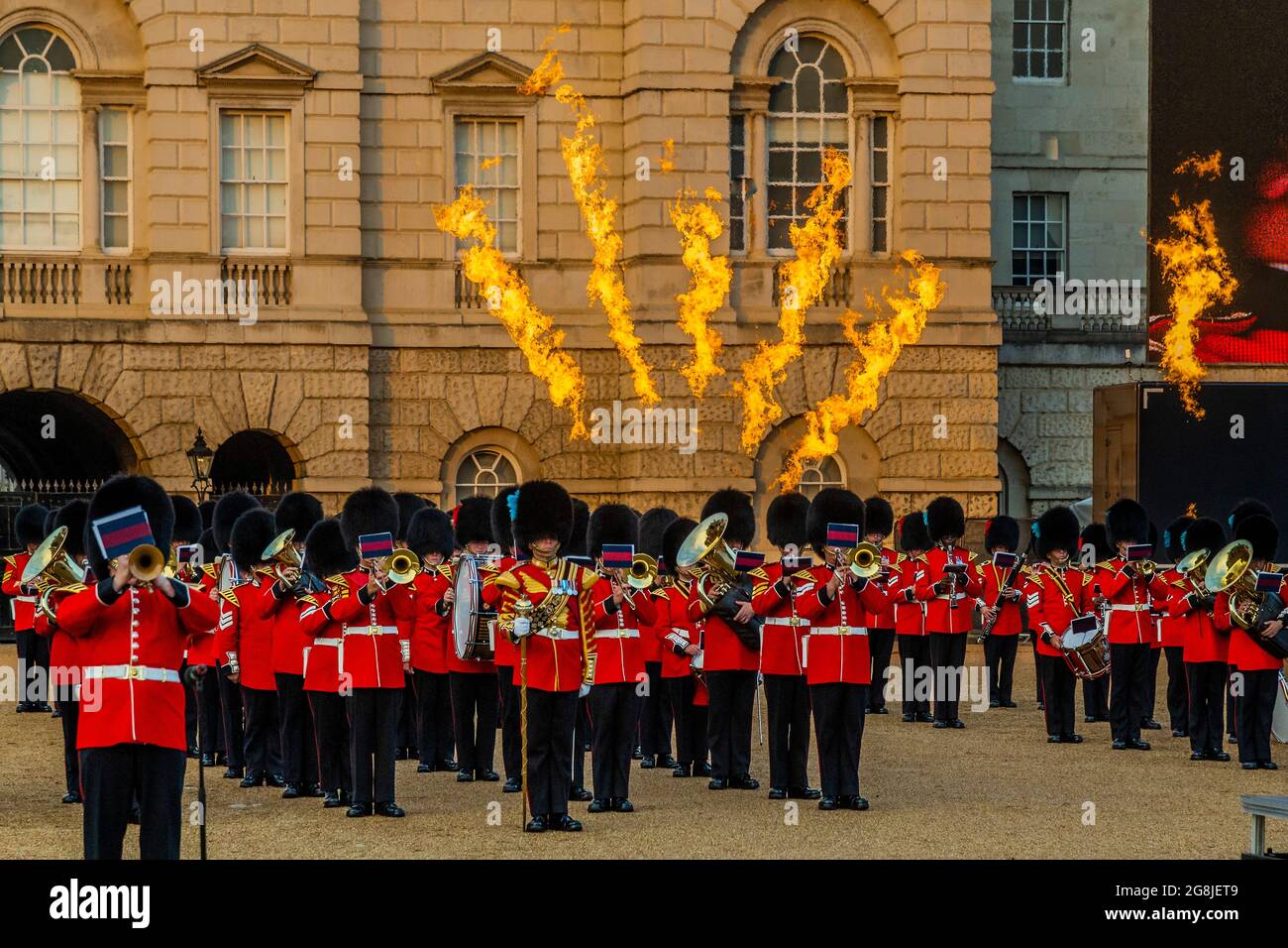 London Uk th July 21 The James Bond Sequence Members Of The Bands Of The Grenadier Coldstream Scots Irish And Welsh Guards And Representatives From The 1st Battalion Grenadier Corps Of