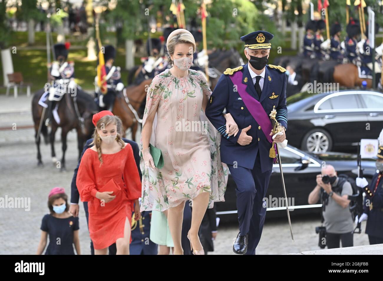 Crown Princess Elisabeth, Queen Mathilde of Belgium and King Philippe - Filip of Belgium arrive for the Te Deum mass, on the occasion of the Belgian N Stock Photo