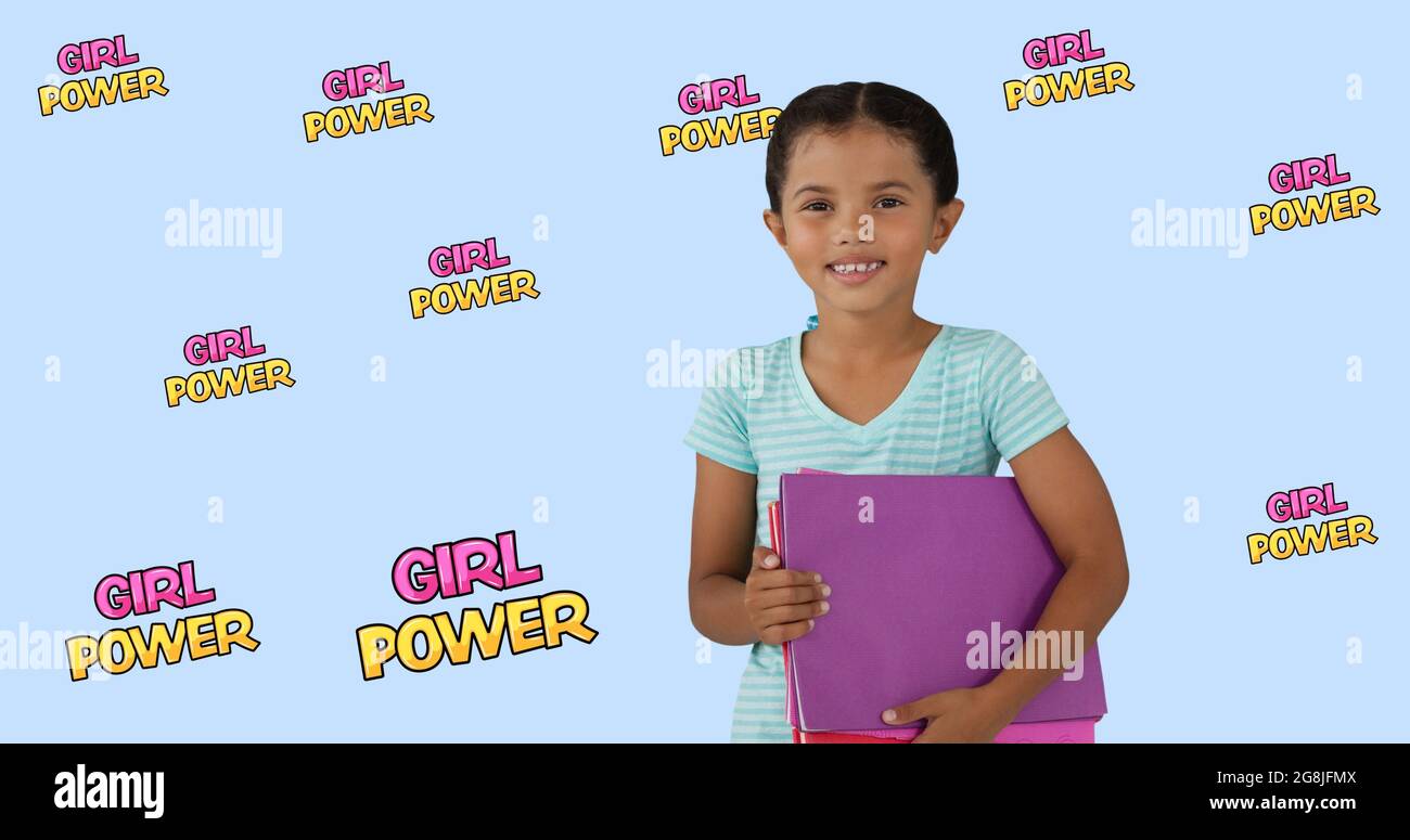 Composition of text girl power over girl with notebooks Stock Photo