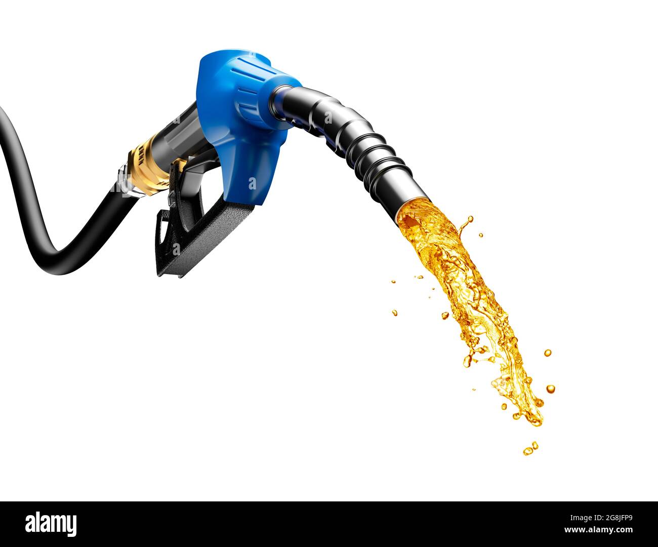 Gasoline gushing out from pump isolated on white background Stock Photo
