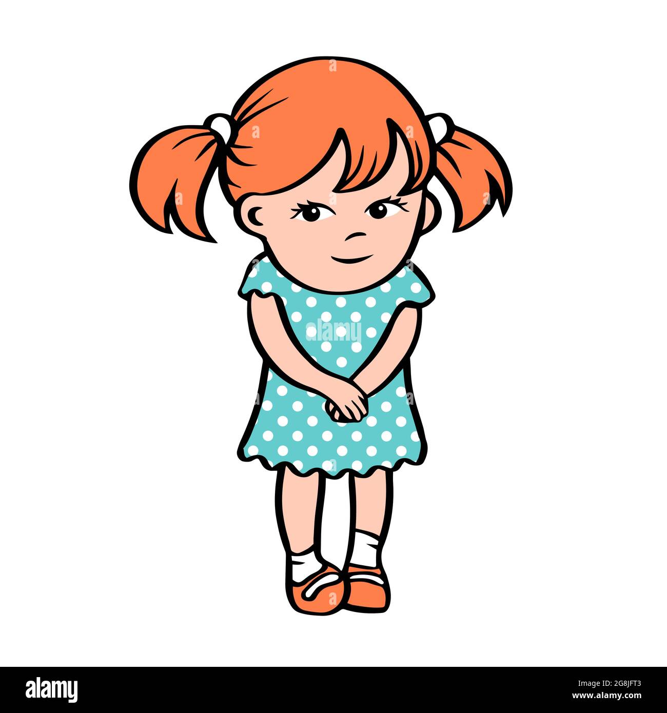 A cute little girl is standing in a dress. Shy cartoon character. Preschool  children. Vector isolated illustration outline hand drawn Stock Vector  Image & Art - Alamy