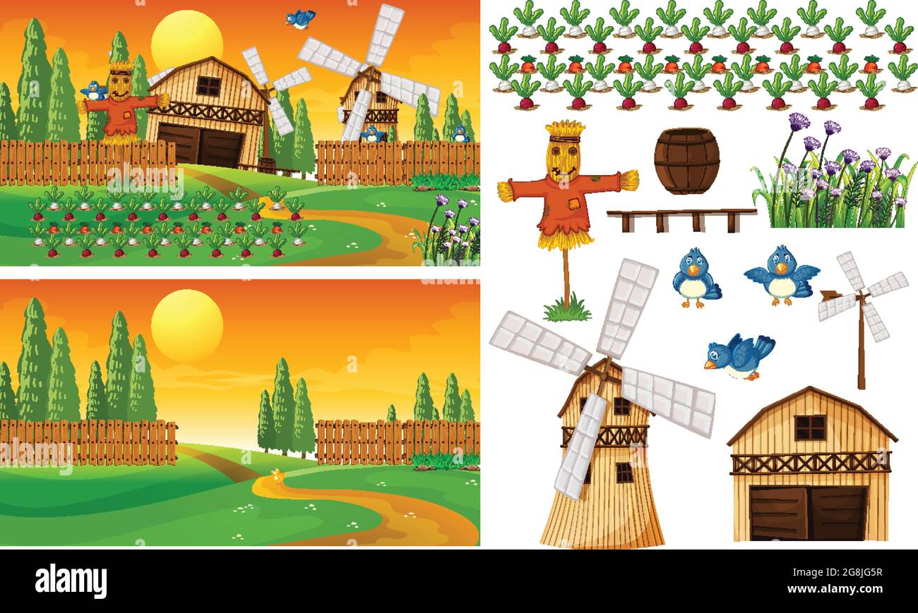 Farm element set isolated with farm scence illustration Stock Vector ...