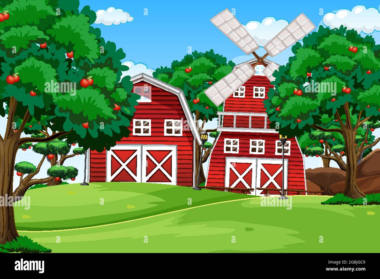 Farm scene with red barn and windmill illustration Stock Vector Image ...
