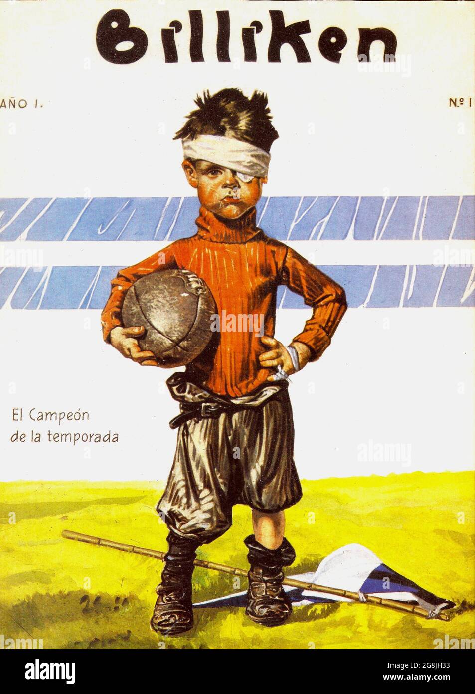 Cover of the Argentine children's magazine Billiken N° 1. The image shows a boy to play football - 1919 Stock Photo