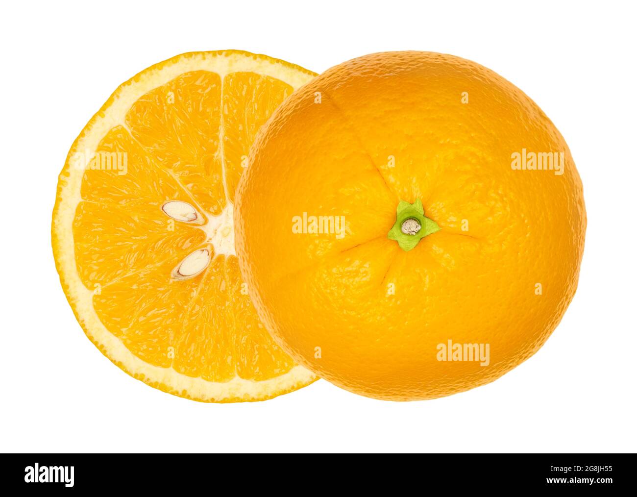 Two orange halves, from above, isolated over white. Ripe fresh orange cut in half, both halves laterally offset, with cross section. Stock Photo