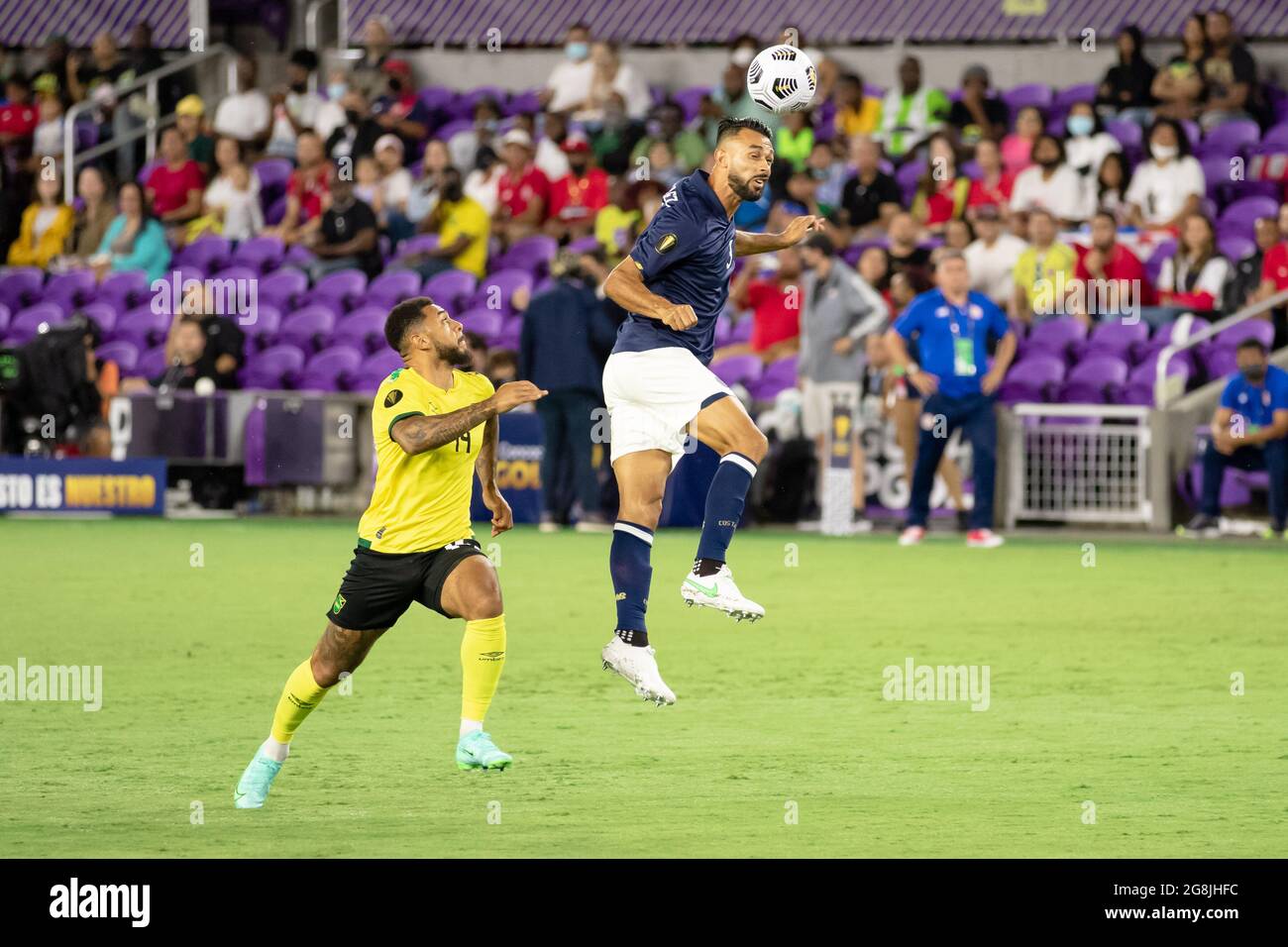 Orlando, United States. 21st July, 2021. Giancarlo Gonzalez (3 Costa Rica) heads the ball back to the goal keeper during the CONCACAF Gold Cup game between Costa Rica and Jamaica at Exploria Stadium in Orlando, Florida. NO COMMERCIAL USAGE. Credit: SPP Sport Press Photo. /Alamy Live News Stock Photo