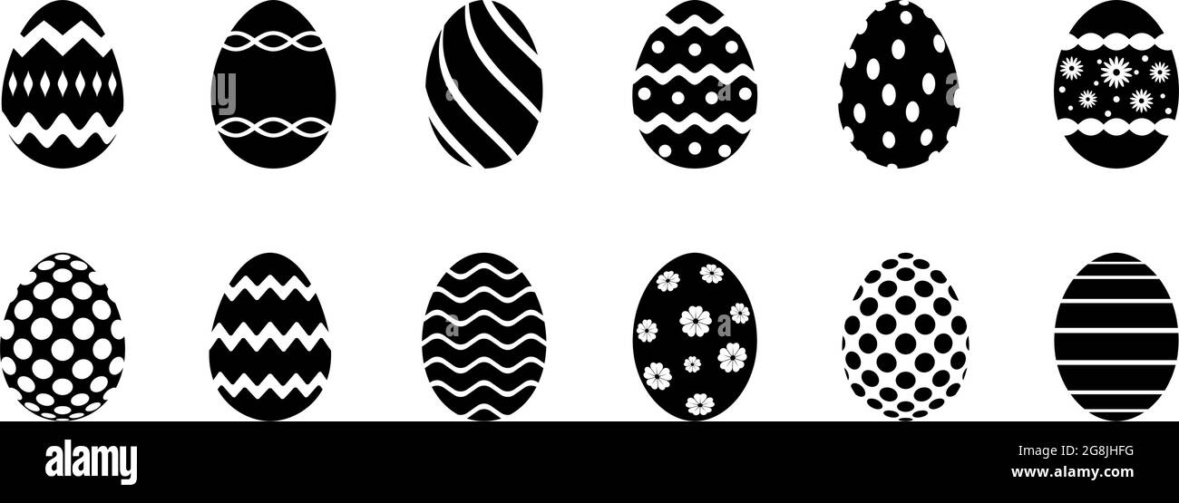 Easter Egg set on white isolated background. Each egg in one joined black shape. Color changeable. Stock Vector