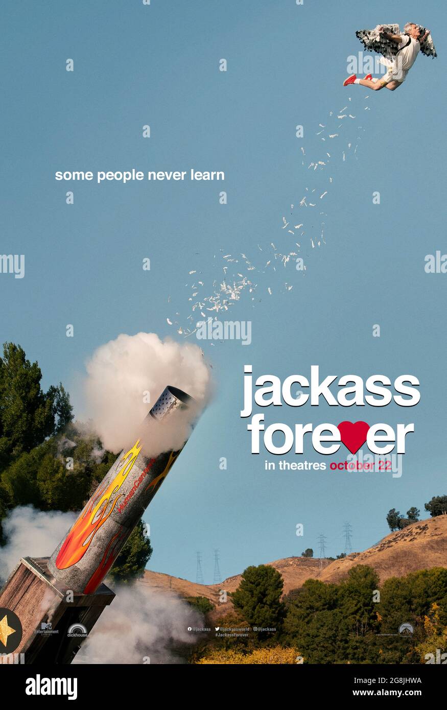 Jackass Forever (2021) directed by Jeff Tremaine and starring Johnny Knoxville, Steve-O, Pontius, Wee-Man and Dave England. The Jackass crew returns after a 10 year break to perform more daredevil stunt in their fourth feature film. Stock Photo