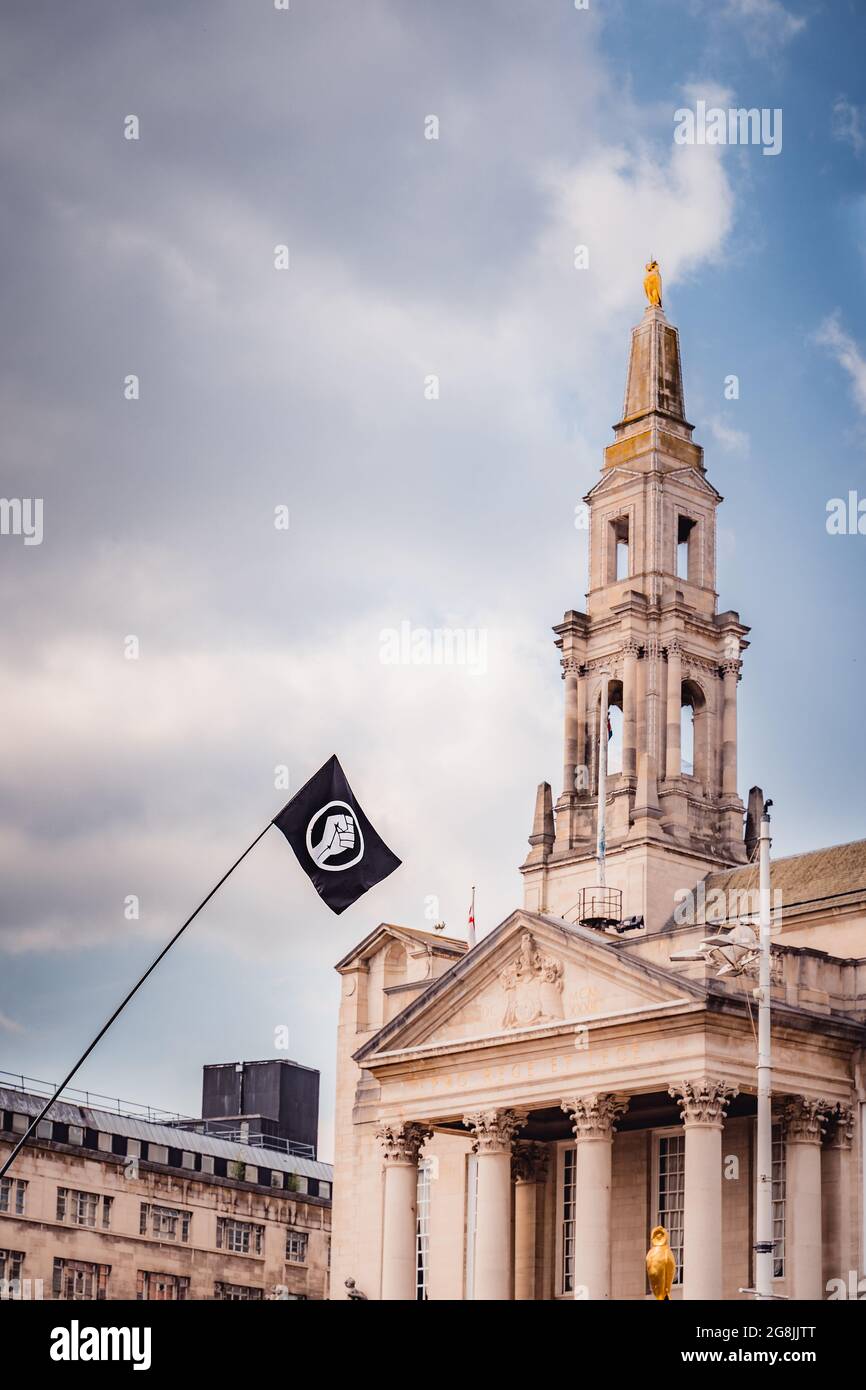 Black lives matter movement banner against the Leeds Millennium Square ...