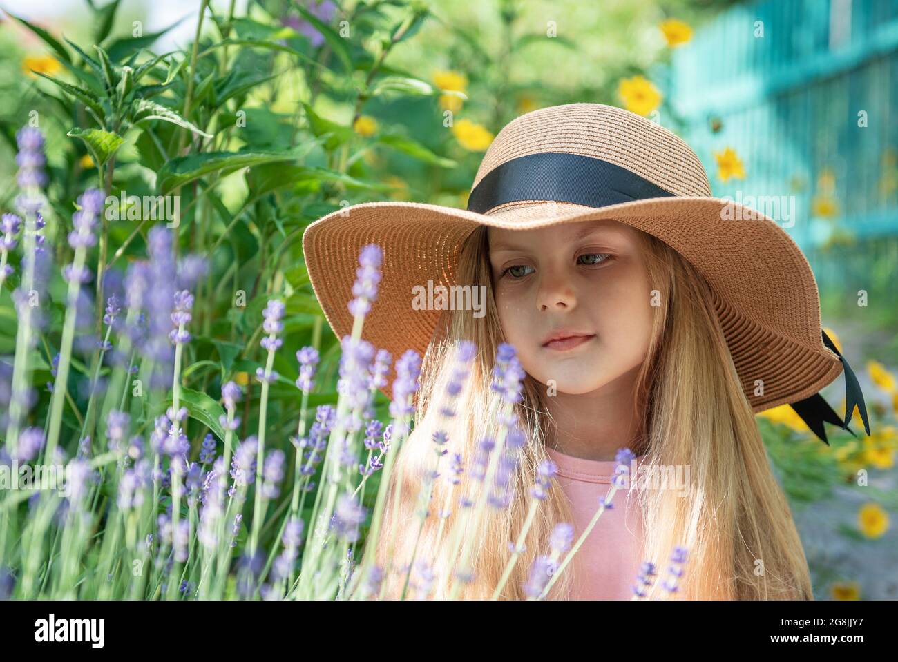 Little girl in a straw hat surrounded by lavender flowers. Portrait of ...