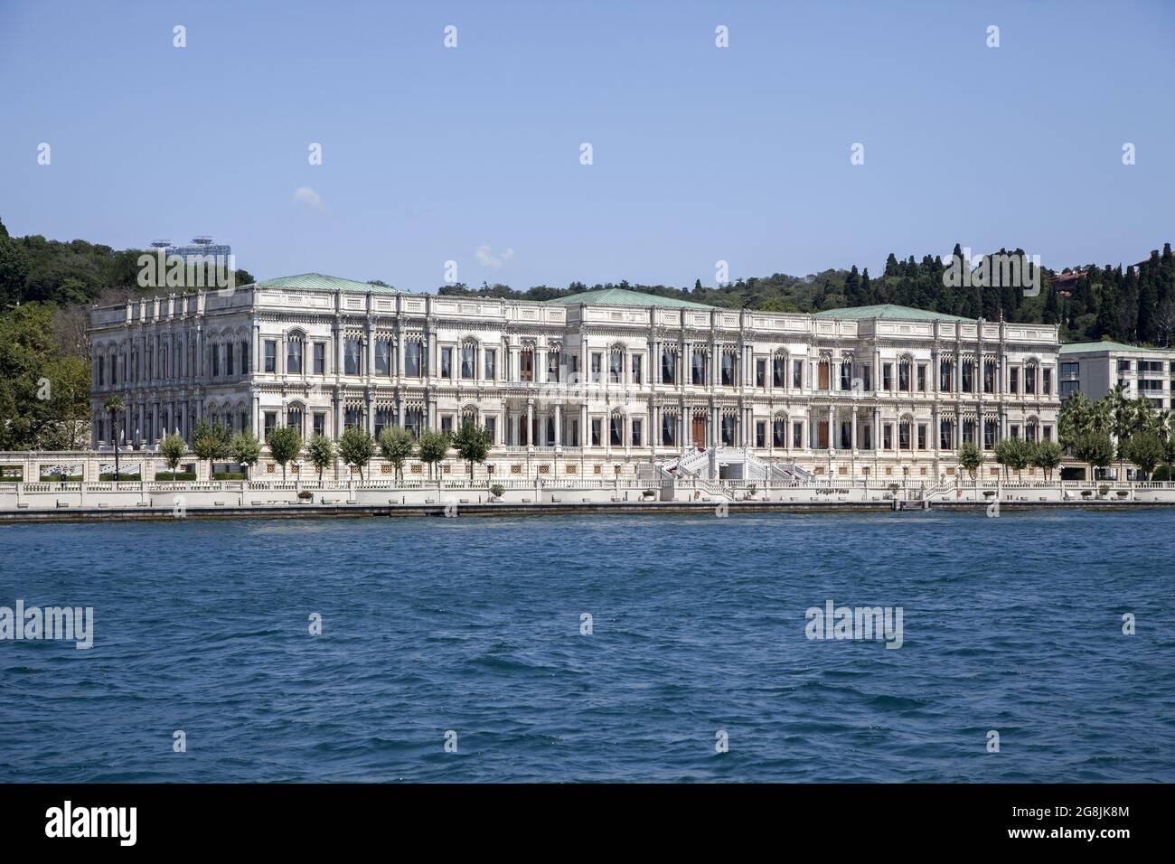 Besiktas,IstanbulTurkey -11-08-2020 : Ciragan Palace view from the sea.Built for a Sultan in the mid-1800's, by famous architect, Nigo Ayos Balyan. Stock Photo