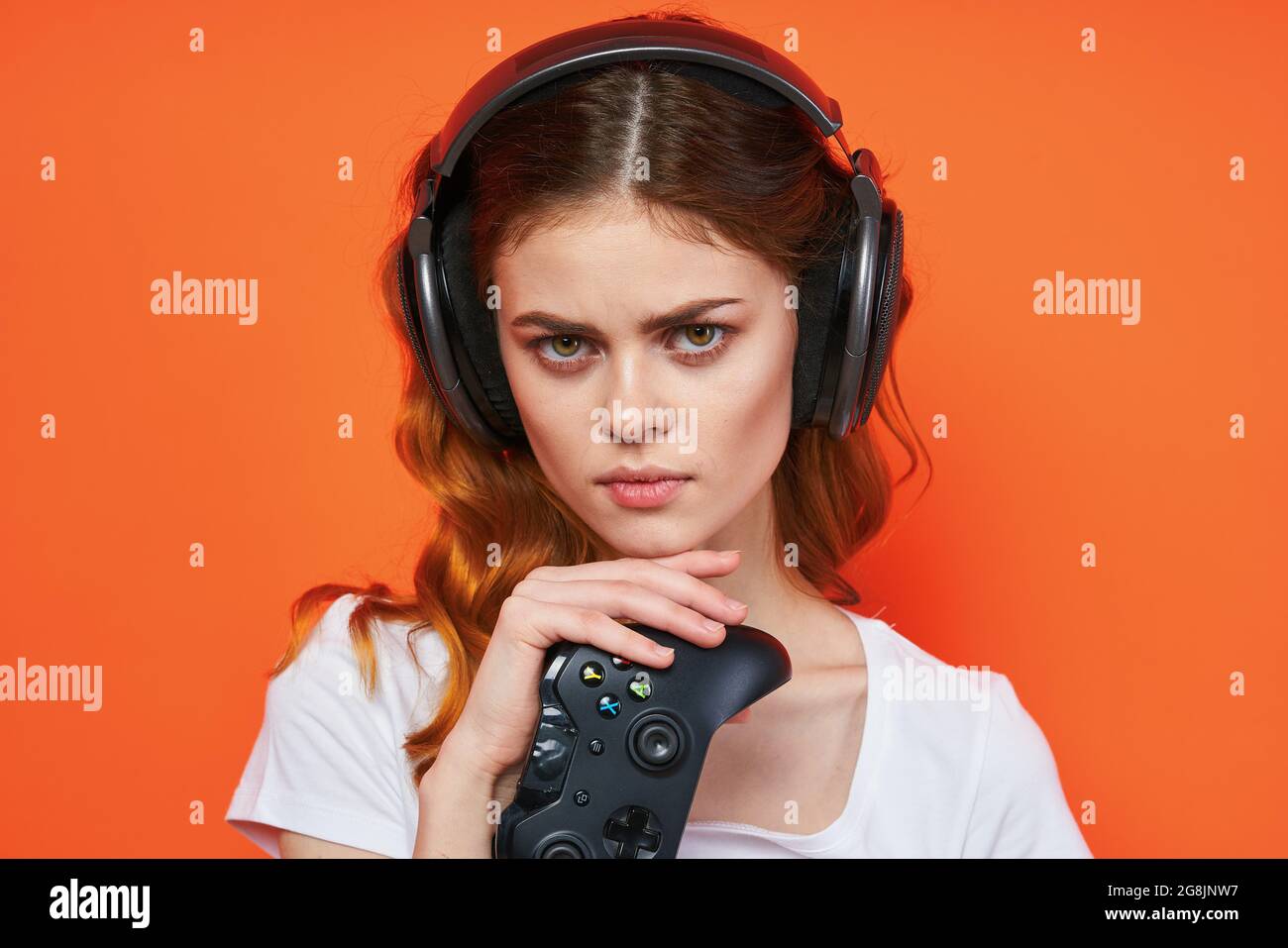 woman tshirts joysticks games entertainment technology Stock Photo Alamy
