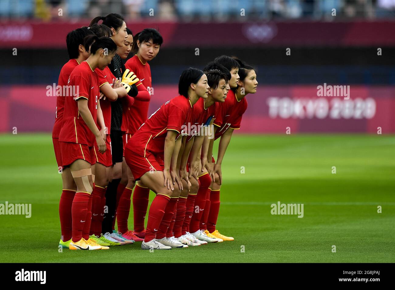 RIFU, JAPAN - JULY 21: Team of China line up for a teamphoto during the Tokyo 2020 Olympic Football Tournament match between China and Brazil at Miyagi Stadium on July 21, 2021 in Rifu, Japan (Photo by Pablo Morano/Orange Pictures) Stock Photo