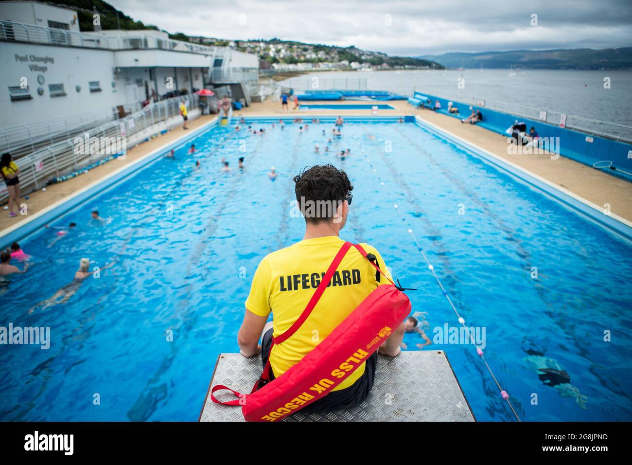 Lifeguard at Gourock outdoor swimming pool, Scotland. Stock Photo