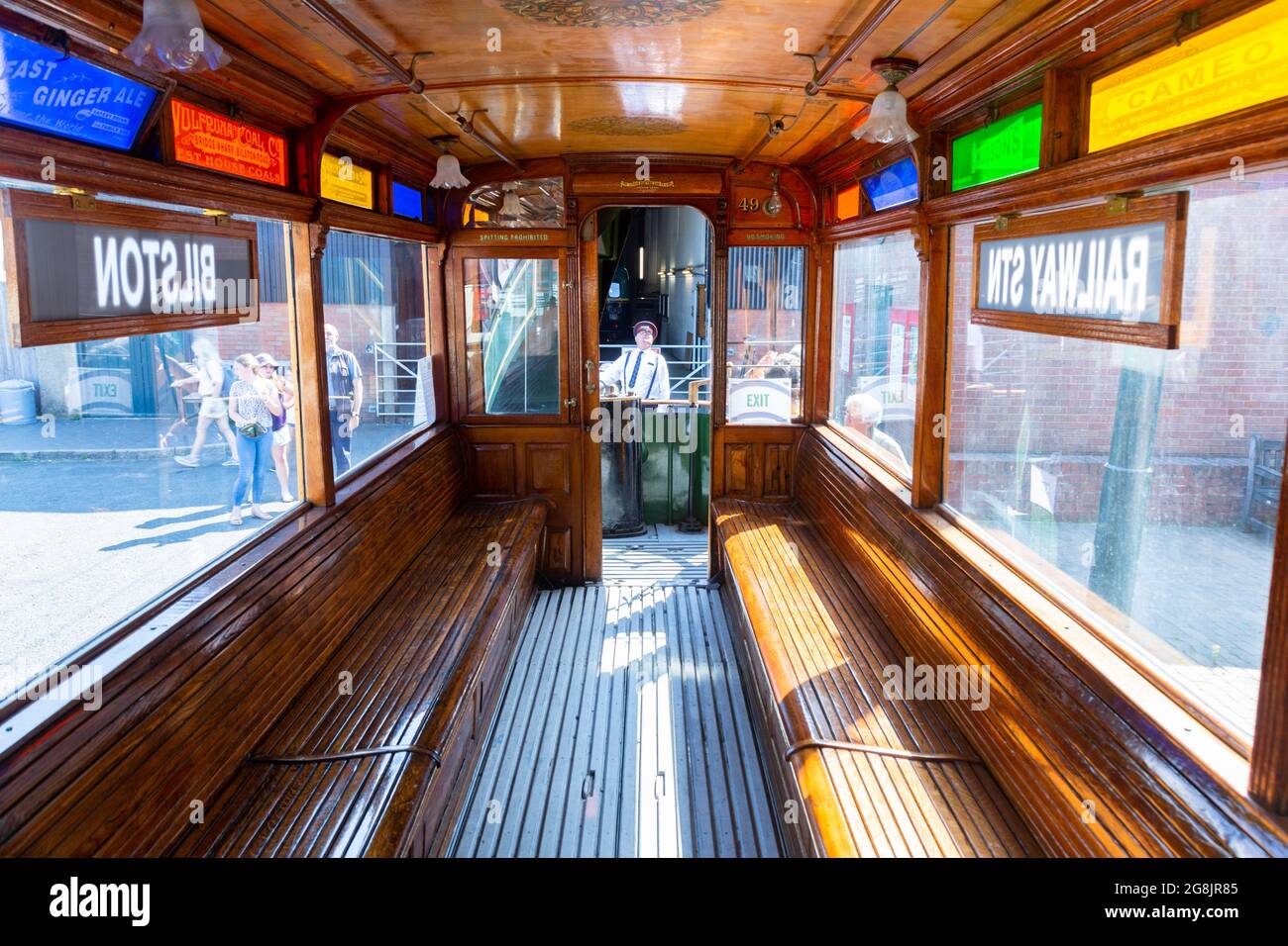 Interior of  tram car with basic seating Stock Photo
