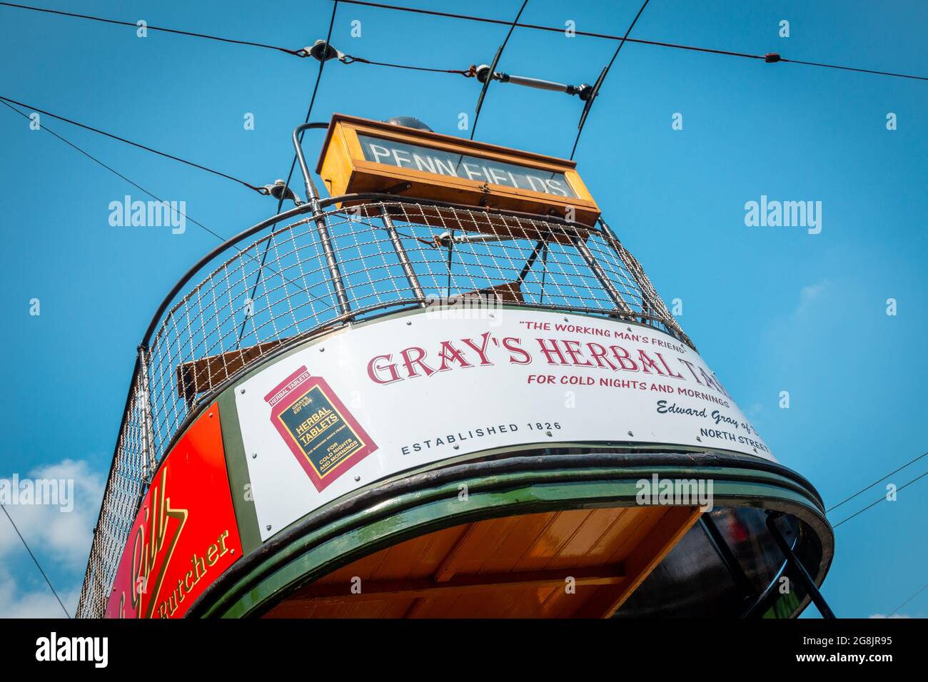 View of top deck of a vintage tram car Stock Photo