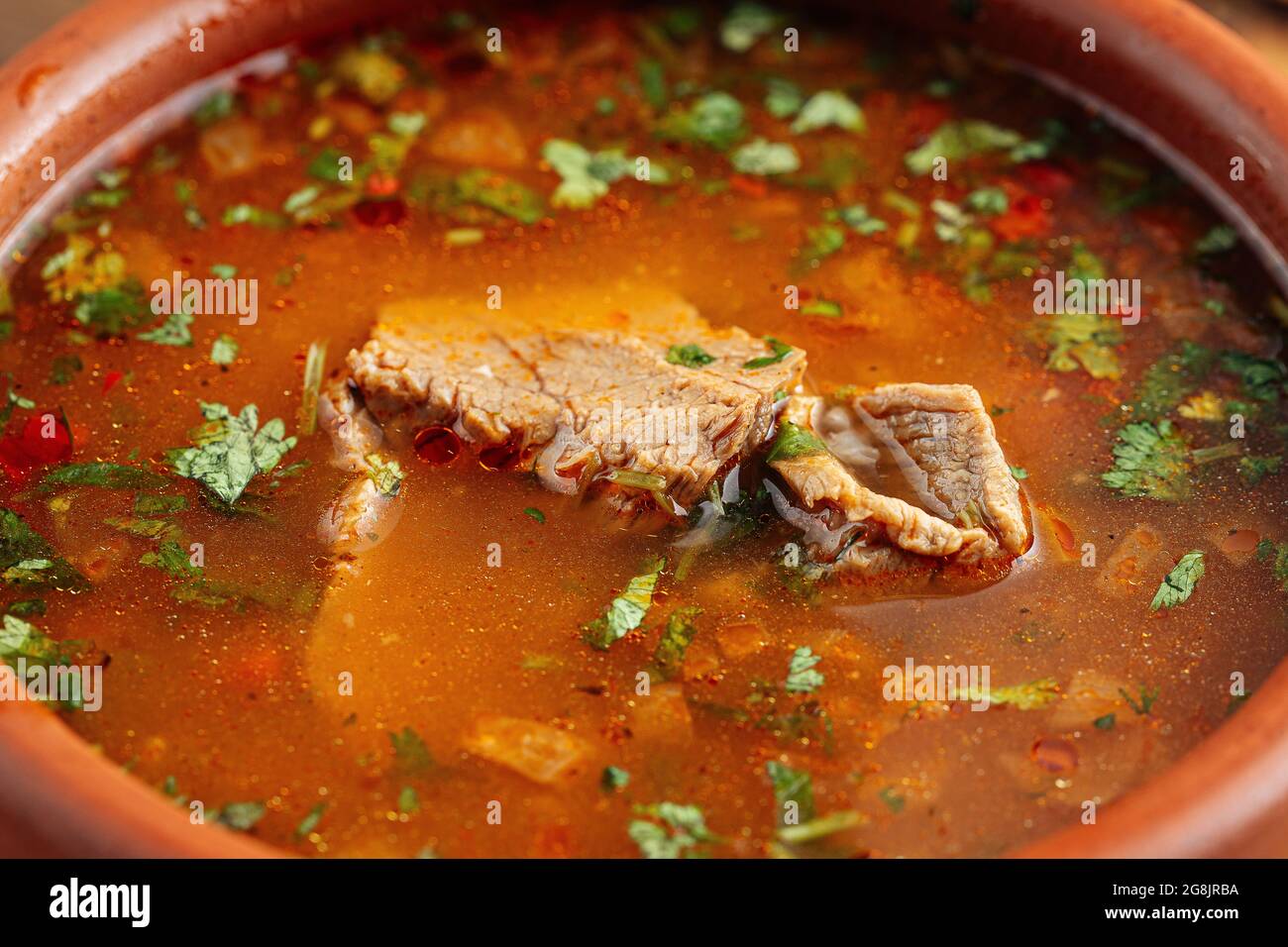 Closeup on georgian national kharcho soup with beef and rice Stock Photo